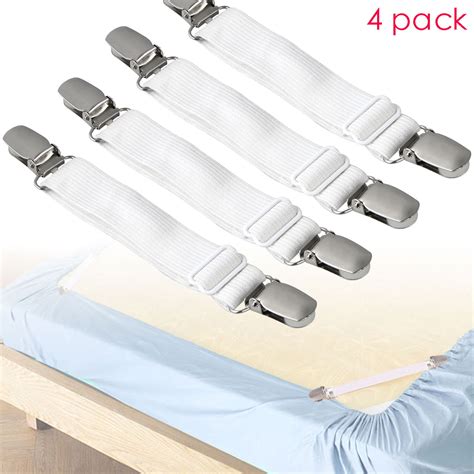 ADJUSTABLE . BBDOU bed sheets straps comes with suspender clips on each end that attach securely to sheets, and is fully adjustable for any bed and sheet size.Great for keeping sheets in place to eliminate wrinkling and bunching.using the mattress clips:attach the metal clips to the mattress pad or other bulky item,approximately 7 to 10 inches(17-25 cm) from the corners.slip the elastic straps ... 